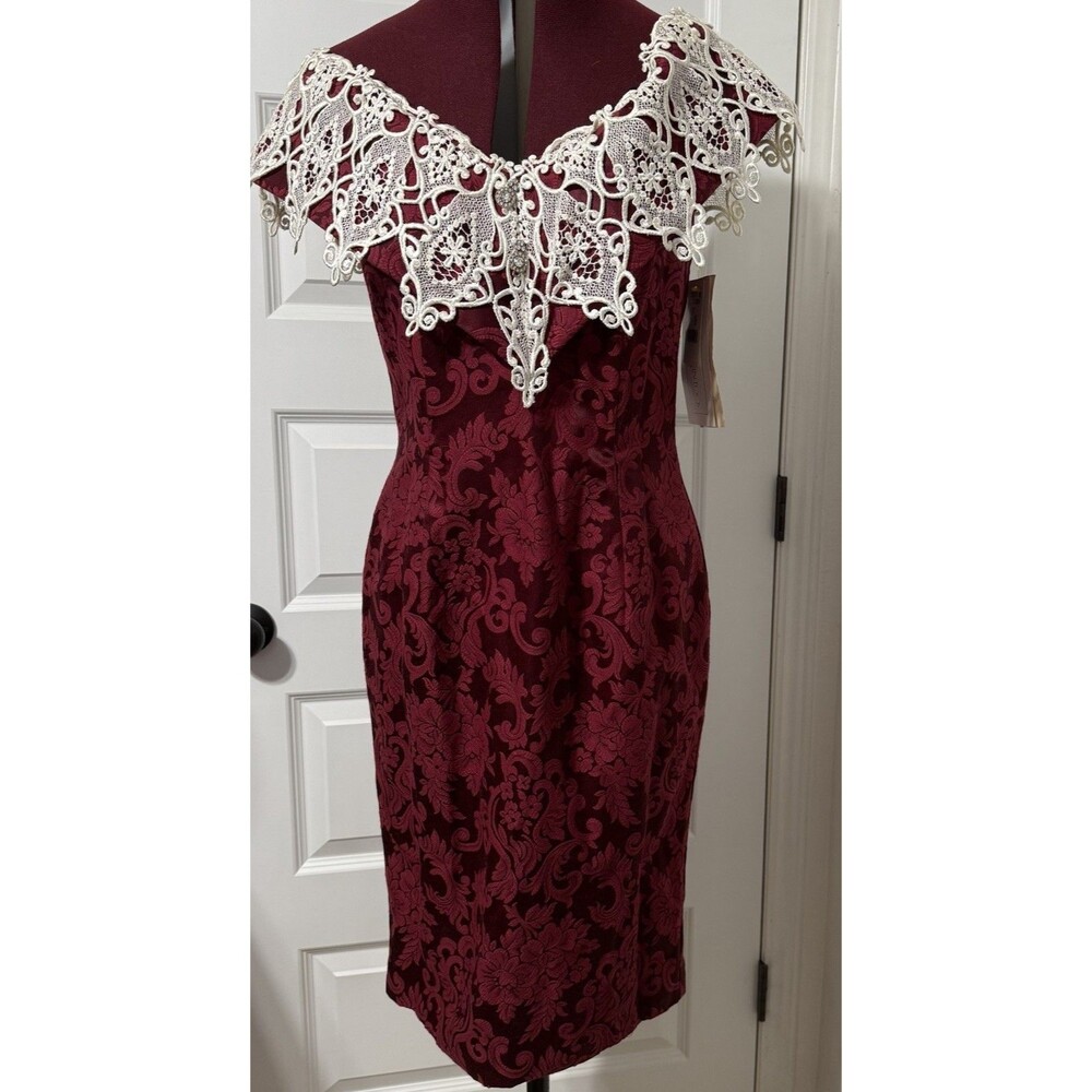 Vintage Scott McClintock Burgundy Brocade Rhinestone Lace Dress 8 Cocktail NWT